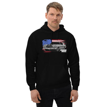 Man Wearing a 1970 Chevrolet Chevelle Sweatshirt Hoodie From Aggressive Thread - Black